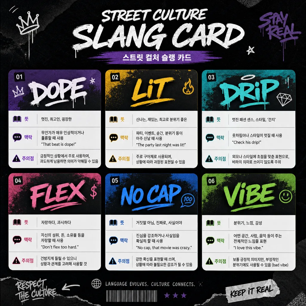 dope drip flex no cap 등 스트릿 컬처 슬랭 카드